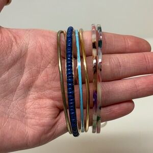 Multi Color Bangle Bracelet Set 6pc Gold Silver Blue Beaded Tortoise Acrylic